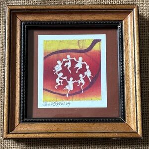 Vintage Sarah Hale Orange Yellow Children Dancing Batik Painting Art Silhouette